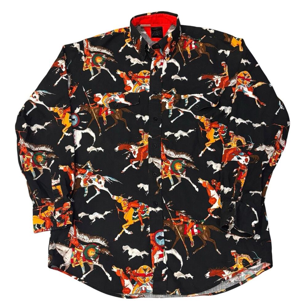 Vintage 90s Roper Western Horse Riders All Over Print Shirt Black Large Cotton